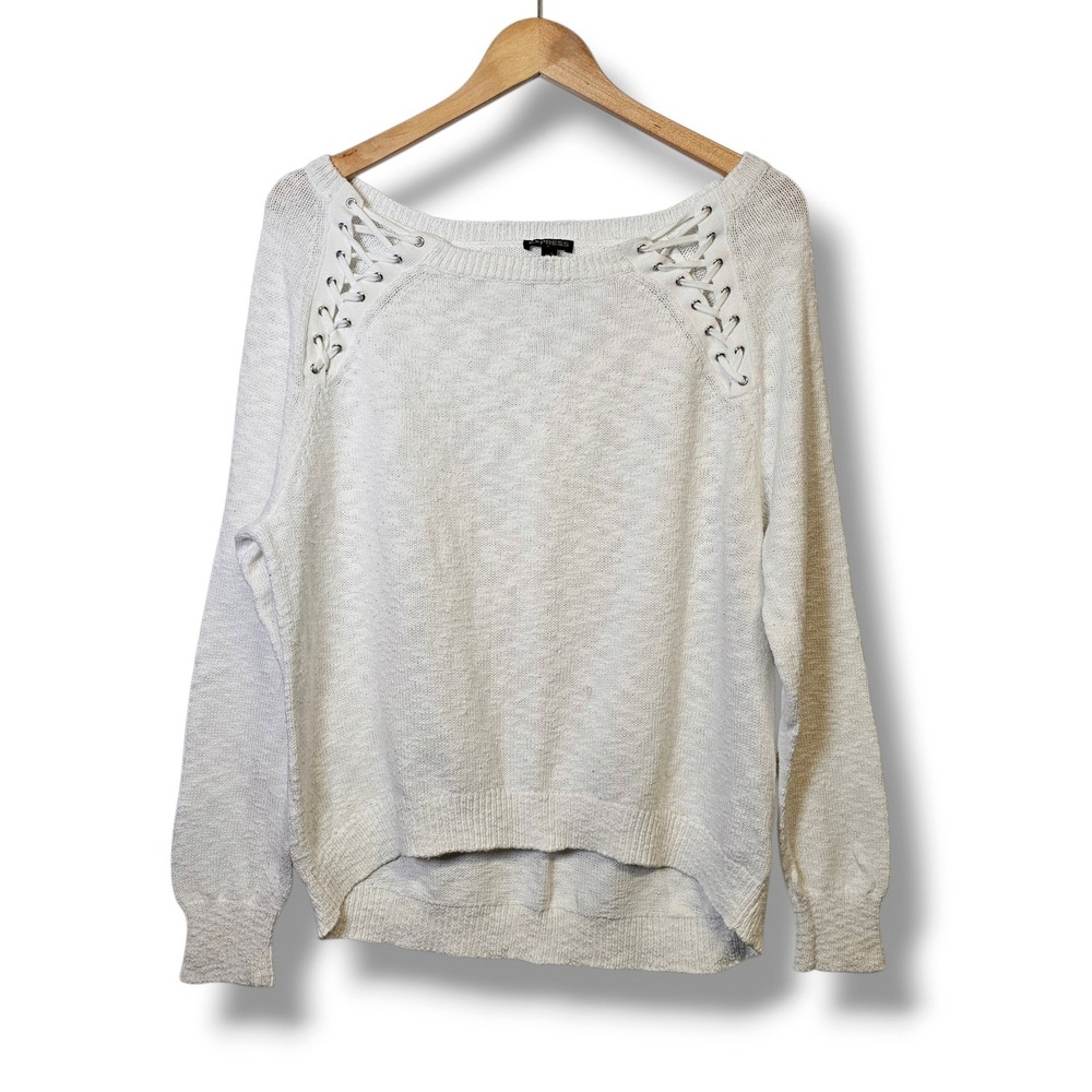 Express Sweater L Womens White Lace Up Shoulder Cotton Knit Cottagecore Coastal